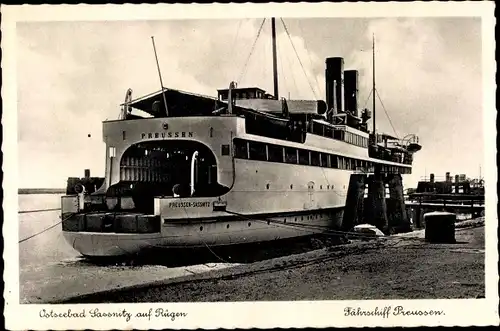 Ak Sassnitz auf der Insel Rügen, Fährschiff Preußen an der Anlegestelle