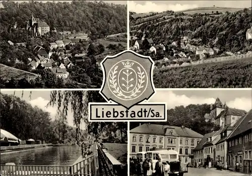 Wappen Ak Liebstadt im Erzgebirge, Totalansicht, Freibad, Burg, Omnibus