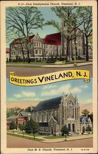 Ak Vineland New Jersey USA, First M. E. Church, First Presbyterian Church