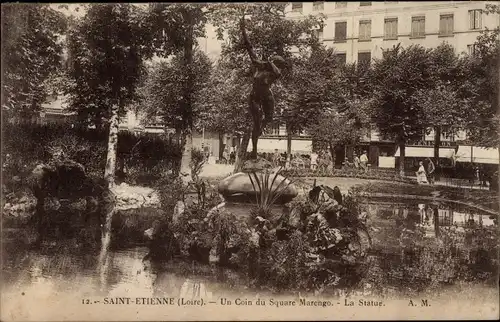 Ak Saint Étienne Loire, Un Coin du Square Marengo, la Statue