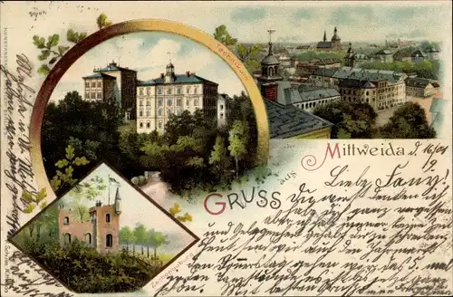 Litho Mittweida in Sachsen, Technikum, Zschopauburg, Blick über die Dächer