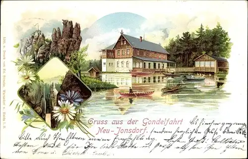 Litho Neu Jonsdorf in Sachsen, Gruß aus der Gondelfahrt, Gasthaus, Ruderboote