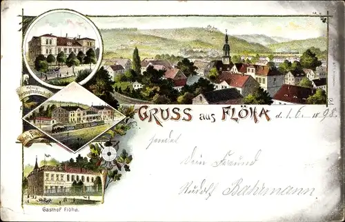 Litho Flöha in Sachsen, Königliche Amtshauptmannschaft, Bahnhof, Gasthof, Kirche, Panorama