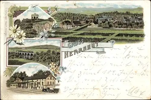 Litho Herrnhut in der Oberlausitz, Hutberg, Eisenbahnbrücke, Bahnhof, Gleisseite, Gesamtansicht