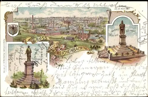 Litho Reichenbach im Vogtland, Kaiser Wilhelm Denkmal, Bismarck Denkmal, Totalansicht