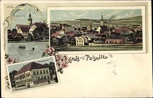 Litho Pulsnitz Sachsen, Schützenhaus, Schlossteich, Blick auf den Ort