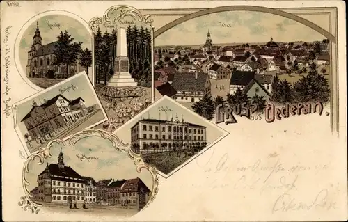 Litho Oederan Sachsen, Totalansicht, Kirche, Bahnhof, Rathaus, Schule, Kriegerdenkmal