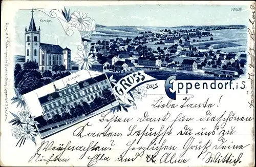 Litho Eppendorf im Kreis Mittelsachsen, Kirche, Schule, Totalansicht