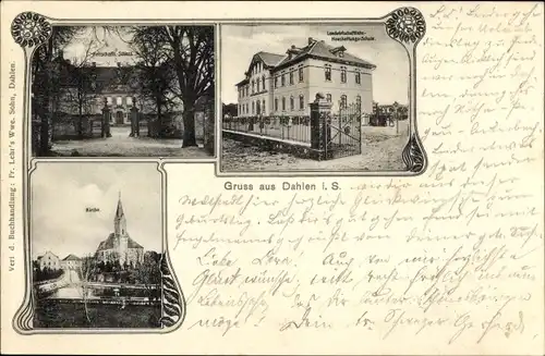 Jugendstil Ak Dahlen in Sachsen, Landwirtschaftliche Haushaltungsschule, Kirche