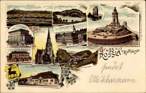 Litho Roßla am Harz, Kirche, Palais, Marienstift, Pädagogium, Schloss, Kyffhäuser Denkmal