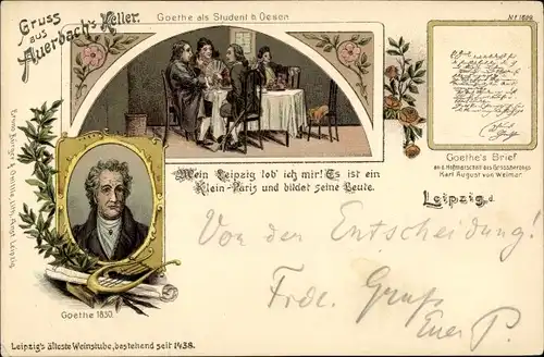 Litho Leipzig in Sachsen, Auerbach's Keller, Schriftsteller Johann Wolfgang von Goethe