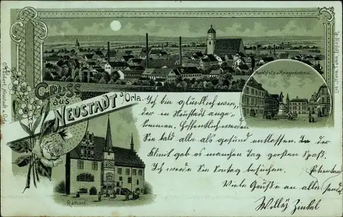 Mondschein Litho Neustadt an der Orla, Marktplatz, Kriegerdenkmal, Rathaus, Totalansicht