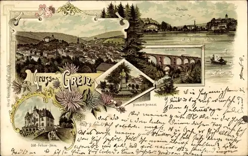 Litho Greiz im Vogtland, Parksee, Odd Fellow Heim, Bismarck Denkmal, Blick auf den Ort