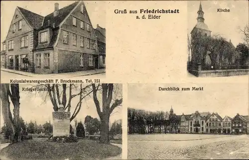Ak Friedrichstadt an der Eider, Kolonialwarengeschäft, Kirche, Kriegerdenkmal, Markt