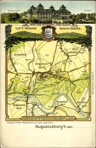 Landkarten Litho Augustusburg im Erzgebirge, Schloss, Grünberg, Dorfschellenberg, Erdmannsdorf