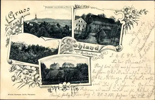 Ak Sohland am Rotstein Reichenbach in der Oberlausitz, Krankenhaus, Mittelgut, Pfarrhaus, Kirche