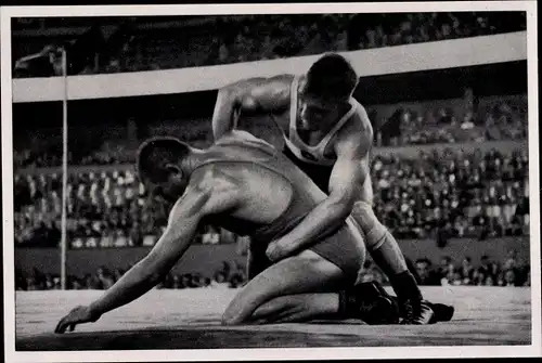 Sammelbild Olympia 1936, Ringer Schäfer und Fischer