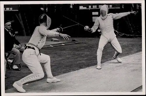 Sammelbild Olympia 1936, Fechter beim Fünfkampf, Handrick und Bramfeld