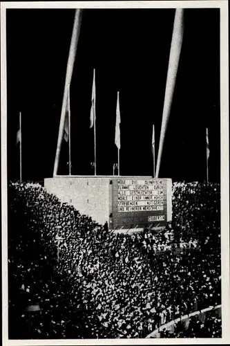 Sammelbild Olympia 1936, Olympische Botschaft an der Siegertafel im Stadion