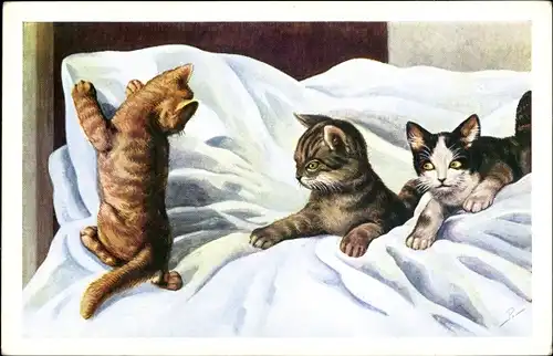 Künstler Ak Peduzzi, Katzen in einem Bett