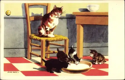 Künstler Ak Paris, Jean, Katzenmutter mit ihren Katzenjungen an einer Milchschale