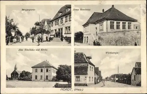 Ak Hördt in der Pfalz, Straßenpartie, Neues Schulhaus, Wörthstraße, Kirche