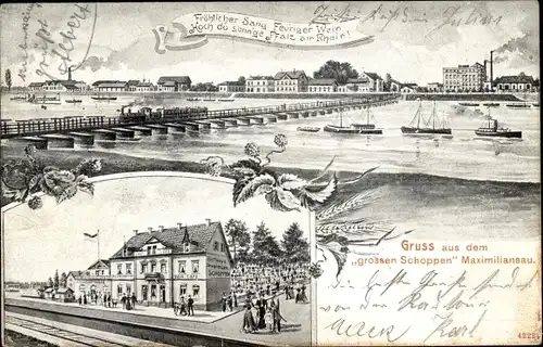 Ak Maximiliansau Wörth am Rhein, Rheinpartie, Schiffsbrücke, Gasthaus Großer Schoppen