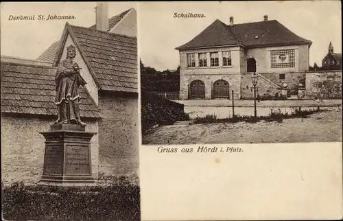 Ak Hördt in der Pfalz, Schulhaus, Denkmal St. Johannes