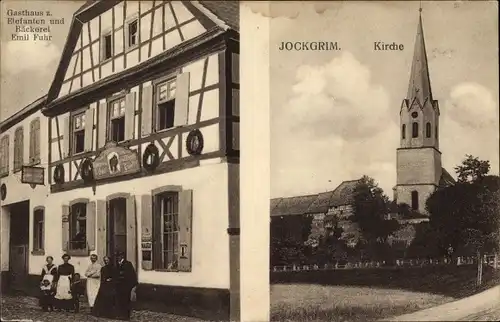 Ak Jockgrim in der Pfalz, Kirche, Gasthaus zum Elefanten und Bäckerei