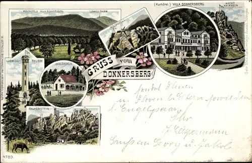 Litho Dannenfels in der Pfalz, Donnersberg, Waldhaus, Ludwigsturm, Kurhotel