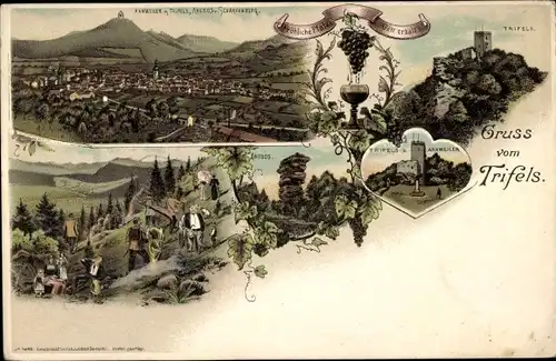 Litho Annweiler am Trifels Pfalz, Burg Trifels, Weintrauben, Weinglas