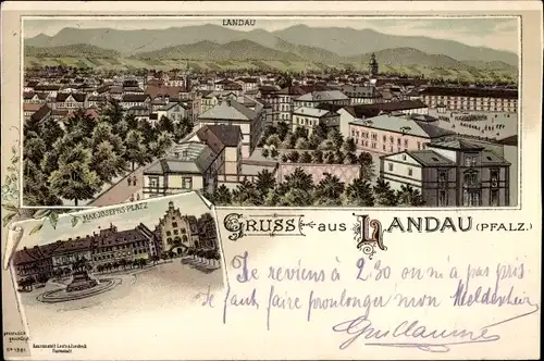 Litho Landau in der Pfalz, Max Josephs Platz, Blick auf den Ort