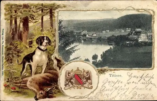 Präge Wappen Ak Titisee Neustadt im Breisgau Hochschwarzwald, Jagdhund, Beute, Wald