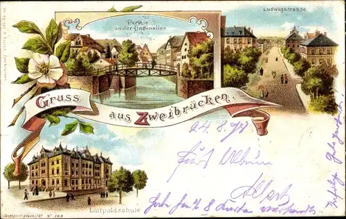 Litho Zweibrücken Rheinland Pfalz, Lindenallee, Ludwigstraße, Luitpoldschule