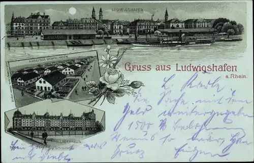Mondschein Litho Ludwigshafen am Rhein, Lagerhaus, Arbeiterwohnungen