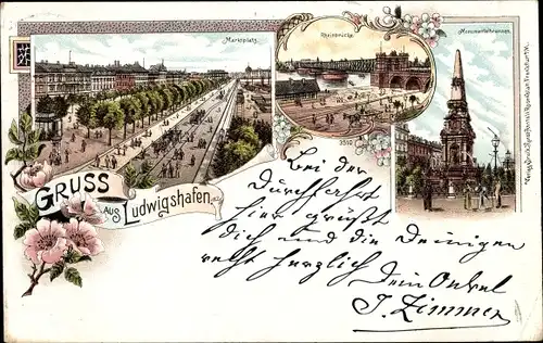 Litho Ludwigshafen am Rhein Rheinland Pfalz, Marktplatz, Rheinbrücke, Monumentalbrunnen
