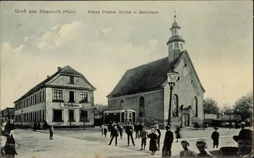 Ak Haßloch in der Pfalz, Kleine Protest. Kirche und Schulhaus