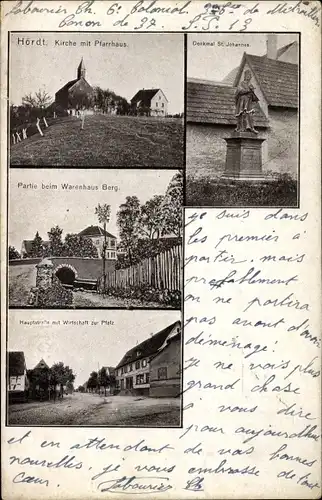 Ak Hördt in der Pfalz, Kirche, Denkmal, Warenhaus Berg, Hauptstraße, Wirtschaft zur Pfalz