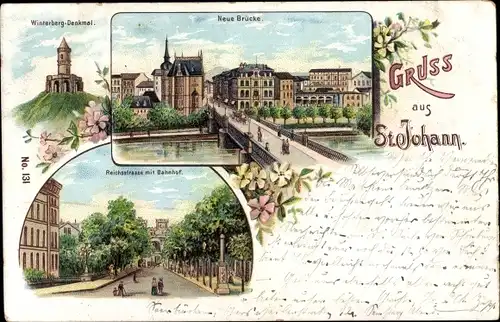Litho St Johann Saarbrücken im Saarland, Neue Brücke, Winterberg Denkmal, Reichsstraße