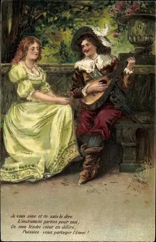 Präge Ak Liebespaar, Mann mit Laute, Je vous aime et ne sais le dire