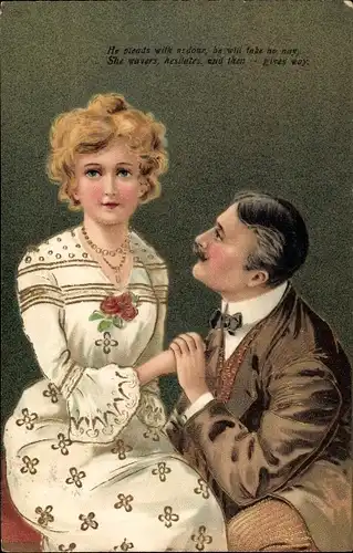 Präge Litho Liebespaar, Mann kniet neben einer Frau