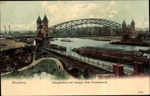 Ak Magdeburg an der Elbe, Königsbrücke mit Anlagen beim Preussenturm, Schiffe