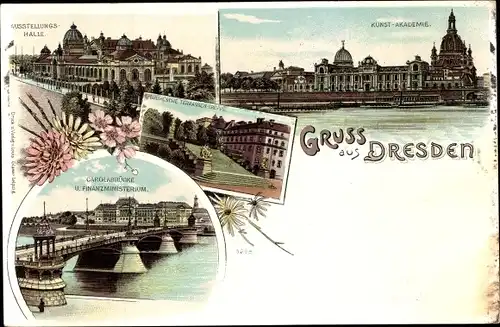 Litho Dresden Altstadt, Carolabrücke, Finanzministerium, Kunstakademie, Ausstellungshalle