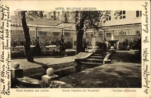 Ak Dresden Altstadt, Hotel Bellevue, Große Fontaine mit Wasserfall