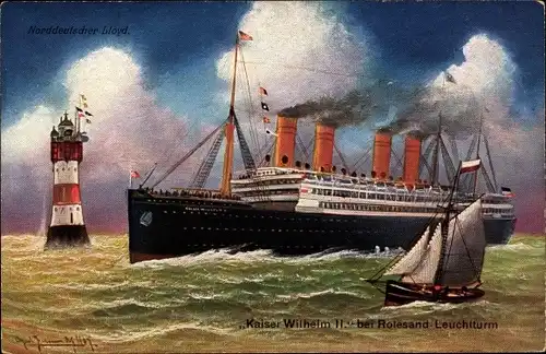Künstler Ak Dampfschiff Kaiser Wilhelm II, Norddeutscher Lloyd Bremen, Rotesand Leuchtturm