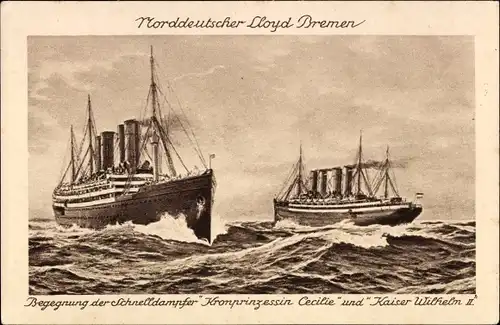 Ak Norddeutscher Lloyd Bremen, Begegnung, Dampfer Cecilie, Dampfer Wilhelm II