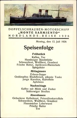 Ak Dampfer Monte Sarmiento, Nordland Reise 1926, Speisenfolge, HSDG