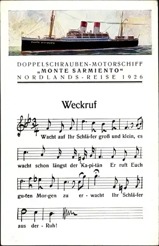 Ak Doppelschrauben-Motorschiff Monte Sarmiento HSDG, Nordlands-Reise 1926, Weckrf