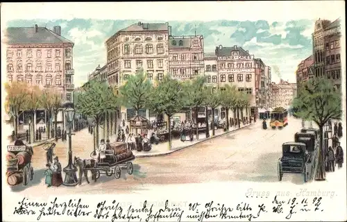 Litho Hamburg Mitte Altstadt, Gr. Neumarkt, Straßenbahn, Kutsche