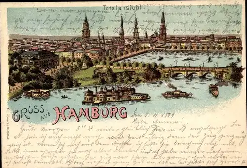 Litho Altstadt Hamburg, Blick auf die Stadt mit Kirche